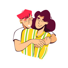 Mother and her teenager daughter hugging and smiling face to face. Vector cartoon illustration isolated on white background.