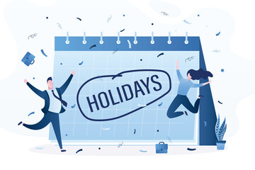 Big calendar, business people jumping with joy to celebrate long holidays or vacation. Company holidays for employees to take break and recharge.