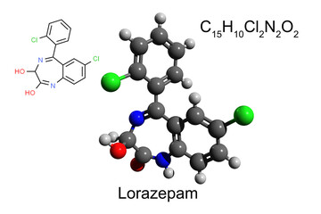 Chemical formula, skeletal formula, and 3D ball-and-stick model of benzodiazepine medication lorazepam, white background
