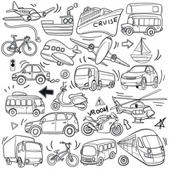 Transportation vehicle theme graphic vector illustration in simple black and white outline doodle style
