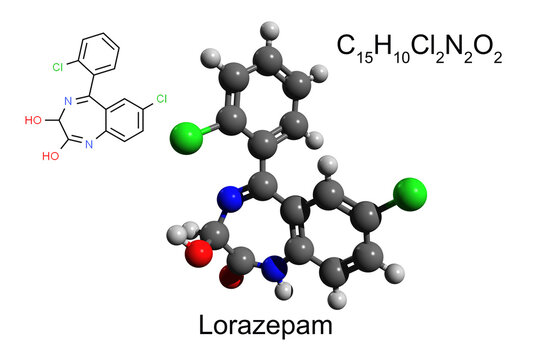 Chemical formula, skeletal formula, and 3D ball-and-stick model of benzodiazepine medication lorazepam, white background