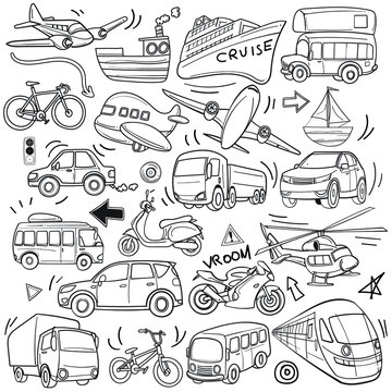 Transportation vehicle theme graphic vector illustration in simple black and white outline doodle style