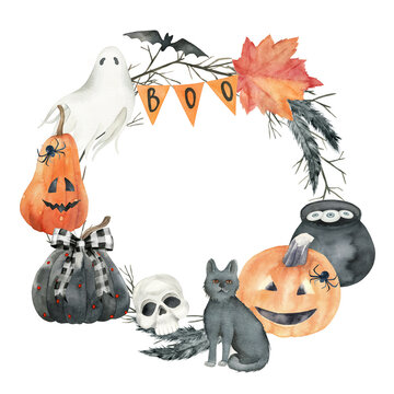 Watercolor halloween wreath. Hand painted background with  ghost, cat, bat, pumpkins, feathers, eye. Holiday frame