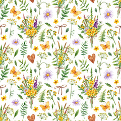 Pattern with wild flowers in watercolor