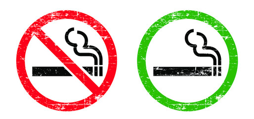 Old signboard. Forbidden no smoking pictogram. Stop, no smoke cigarette tobacco or cigarettes. Smokking sign on brick wall. Vector logo. Designated area.