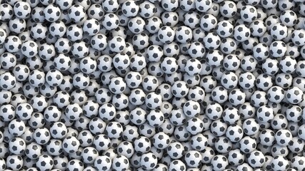 Soccer balls background. Many classic black and white football balls lying in a pile. High resolution 3d render - obrazy, fototapety, plakaty
