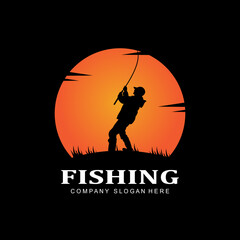 fishing logo icon vector, catch fish on the boat, outdoor sunset silhouette design