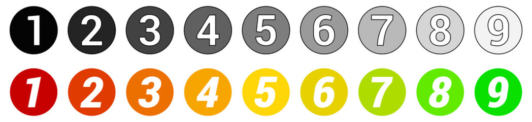 Numbers in small circles with color or gray gradient. Can be used as scale rating icons