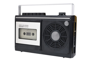Old vintage cassette tape recorder with audiotape 70s isolated on white background. Music listening...