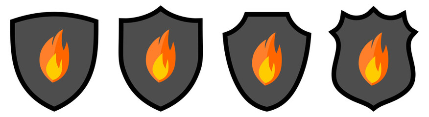 Orange flame icon inside shield, different versions. Protection from fire concept