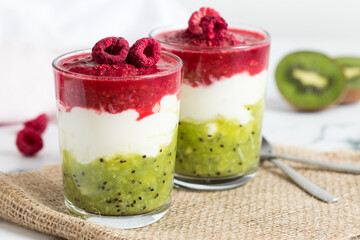 Two jar of layered fruit yogurt parfait in red-white-green colors