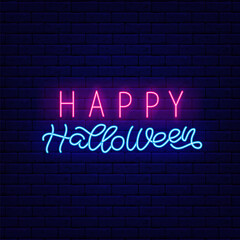 Naklejka na ściany i meble Happy Halloween neon neon light lettering. Night bright signboard. Editable stroke. Isolated vector illustration
