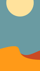 Hot big sun over yellow desert dunes, blue clear sky, Vertical background made of abstract shapes of different colors, Vector illustration flat design