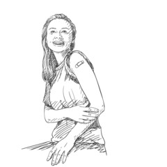Vaccinated people illustration, Happy woman showing her arm after receiving vaccine shot, Vector sketch, Caucasian female with patch on her arm smiling, Hand drawn black and white graphics