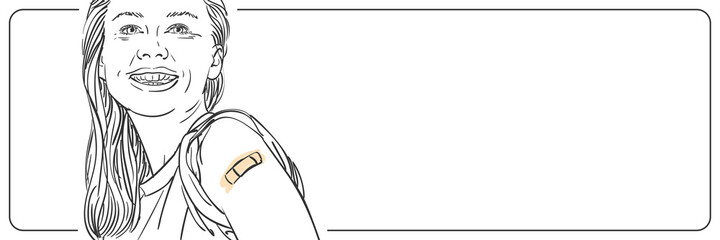Vaccinated people long web banner with empty place for text, Young happy woman smiling after getting vaccine during covid-19 immunization program, Vector sketch, Hand drawn graphic