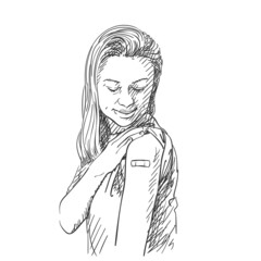 Vaccinated people illustration, Young female looking her arm after receiving vaccine during covid-19 immunization program, Vector art sketch, Happy caucasian woman with plaster on shoulder, Hand drawn