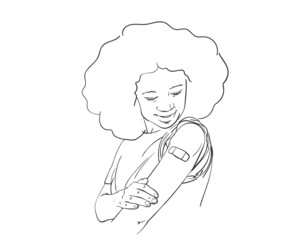 Woman looking her arm after receiving vaccine during covid-19 immunization program, Vector sketch, Curly hair female with adhesive bandage, Hand drawn graphics, Vaccinated people illustration