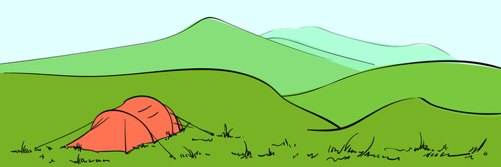 Red tent in green mountain landscape Vector illustration, Outdoor camping long web banner background