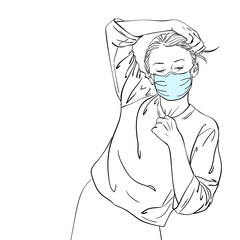 Woman in medical face mask standing in picturesque expressive pose vector drawing, Hand drawn vector illustration coronavirus pandemic new normal