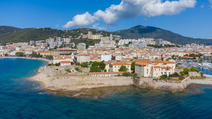 Fototapeta na wymiar Aerial view of the Citadel of Ajaccio in Corsica - French maritime stronghold in the Mediterranean Sea with defensive walls on the beach
