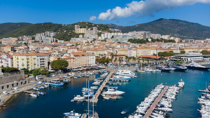 Aerial view of the port of Ajaccio in Corsica - Yachts moored in the center of the capital city of...