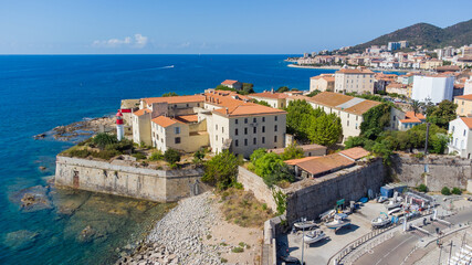 Aerial view of the Citadel of Ajaccio in Corsica - French maritime stronghold in the Mediterranean Sea with defensive walls on the beach