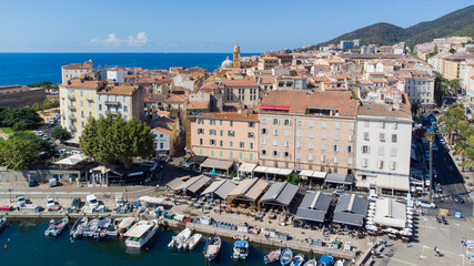 Aerial view of the old city center of Ajaccio in Corsica - Waterfront promenade lined with...