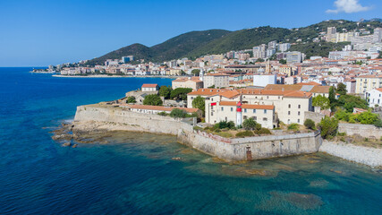 Aerial view of the Citadel of Ajaccio in Corsica - French maritime stronghold in the Mediterranean Sea with defensive walls on the beach