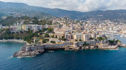 Naklejka na ściany i meble Aerial view of the Citadel of Bastia in the north of Corsica island - Genoese city overlooking the Mediterranean Sea