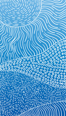Abstract landscape hills, sun and sky, Hand drawn pattern of dashed lines, dots and stripes organic shapes white on blue gradient background, inspired by indigenous Aboriginal art