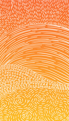 Hand drawn pattern of dashed lines, dots, small circles white on yellow gradient, Abstract landscape nature background inspired by indigenous aboriginal art and impressionism