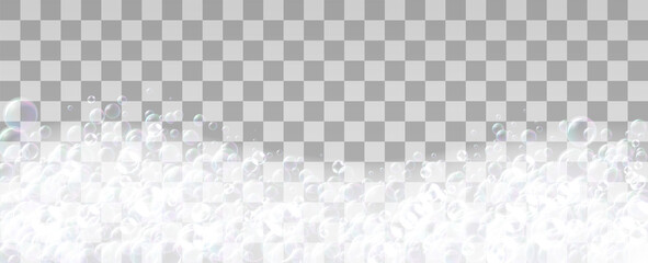 Realistic soap foam with bubbles vector illustration. Liquid foamy effect for relaxing taking bath