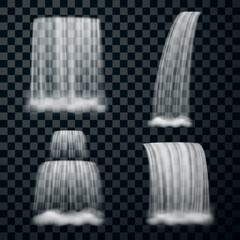 Realistic waterfall set vector illustration falling river water mountain fall, cascade aqua stream © Vikivector