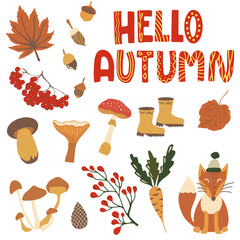 Set of hand drawn elements of autumn. Collection of autumn attributes. Vector illustration for kids.