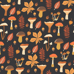 Vector autumn seamless pattern with mushrooms, acorns and leaves. Repeated texture with natural elements for fall season. Forest background. For scrapbooking, fabric, wrapping paper, notebook covers.