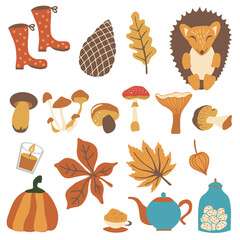 Set of hand drawn elements of autumn: falling leaves,cozy food, candles, mushrooms, pumpkin and cute hendgehog. Collection of autumn attributes. Vector illustration for kids.
