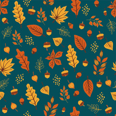 Vector autumn seamless pattern with  leaves, acorns, acorns on a green background. Seasonal ornament. Endless texture can be used for web design, printing onto fabric and paper or scrapbooking.