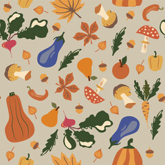 Vector colorful autumn natural seamless pattern with vegetables, fall leaves, and mushrooms. Fall endless background. Great for textiles, banners, scrapbooking,  wrapping paper, notebook covers.