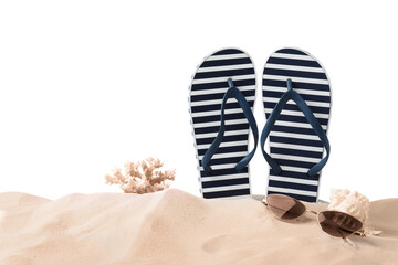 Fototapeta na wymiar Striped flip flops, coral, sea shell and sunglasses on sand against white background