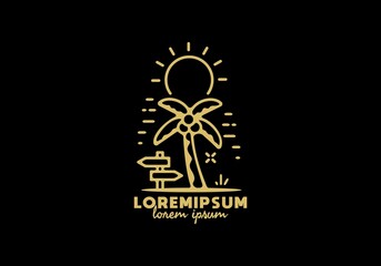 Coconut tree and big sun line art with lorem ipsum text