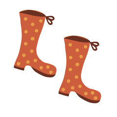 Orange high rubber boots. Gardening,  autumn nature symbol, season clothes concept. Isolated on a white background.