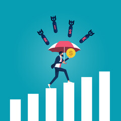 Businessman character holding an umbrella to protect himself and money against RISK words, Risk management concept