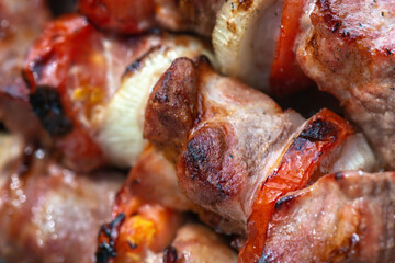 traditional barbecue meat with onions and tomatoes, close up