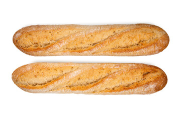 two fresh crunchy french baguette breads isolated on white, top view