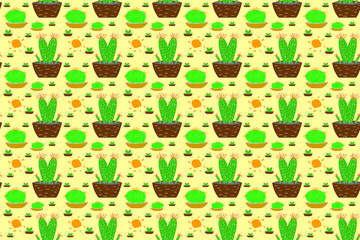 Seamless wallpaper with cute cactus pattern in pots on light yellow background, cute pattern for printing fabrics and printed products.