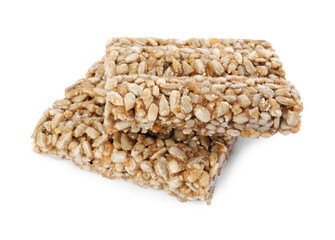 Delicious sweet kozinaki bars on white background