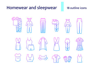 Comfortable domestic clothes outline icons set. Homewear and sleepwear. Isolated vector stock illustration