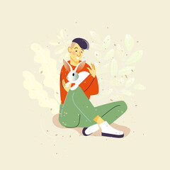 A cute young man holds a white rabbit in his arms. Pet owner. Colorful vector illustration in flat cartoon style.