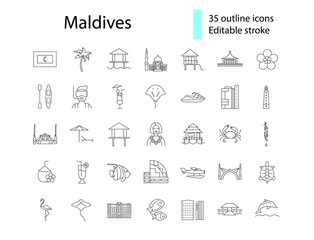 Maldives attractions outline icons set. Tropical resort. Capital Male. Editable stroke. Isolated vector illustration
