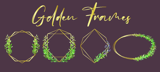 Golden Floral geometric frames. Geometrical polyhedron, art deco style for wedding invitation, Realistic 3d Detailed Golden Polygonal Frames Thin Line Set for Invitation Greenery Decoration.